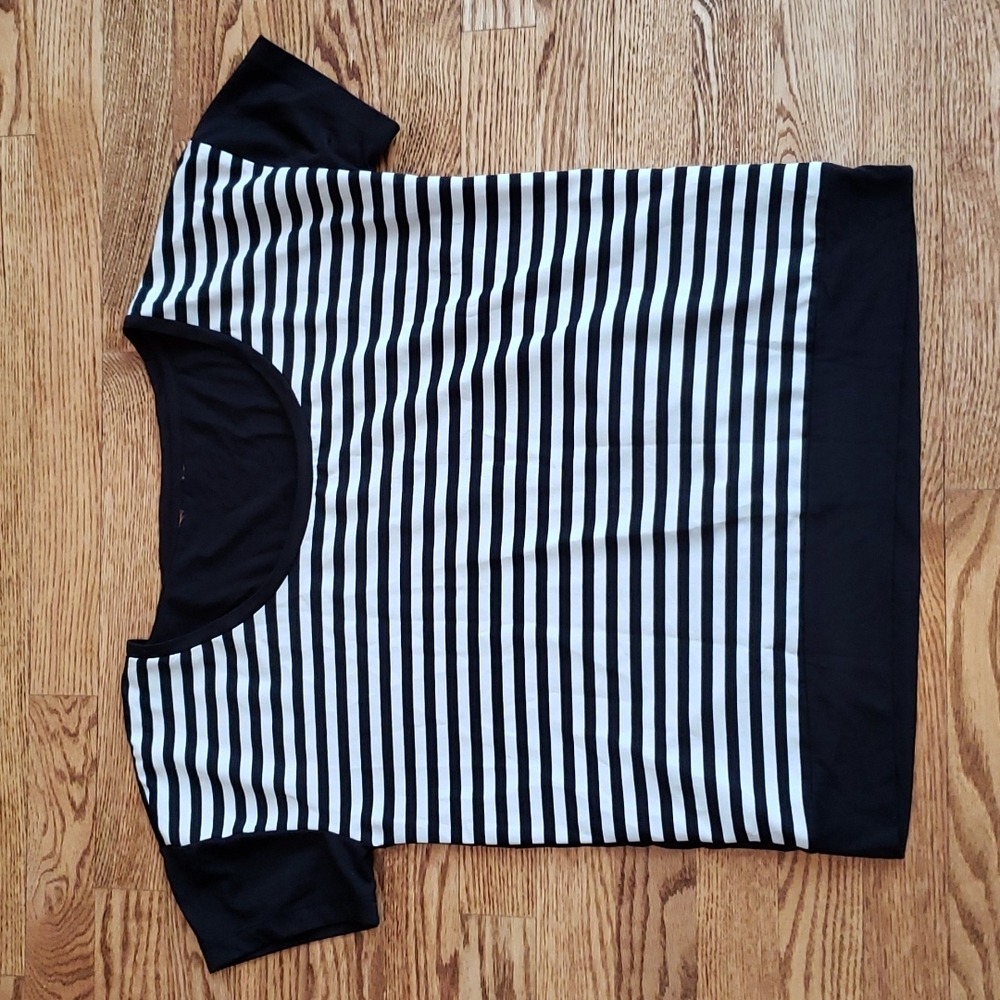 (L) Classic Striped Short Sleeve Slightly Sheer Front Shirt Casual Everyday